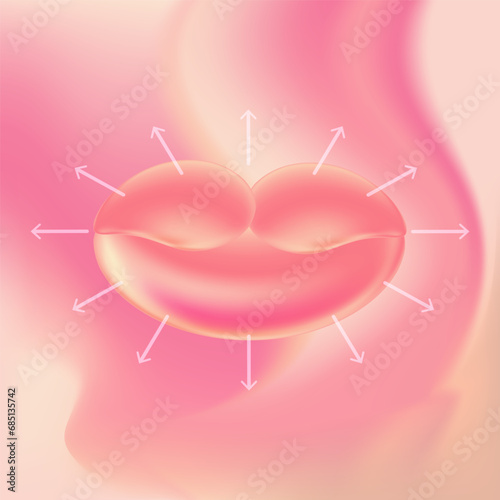 Lip filler template. Lip augmentation. Big lips in front of pink gradient background, with arrows. Perfect for beauty industry or aesthetic cosmetology.