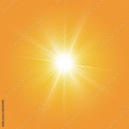  Bright sun on a yellow background.Light effect.summer sunlight burst. vector background