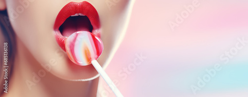 Close-up of brightly colored female lips eating and licking a candy lollipop on a stick isolated on flat pink background with copy space. photo