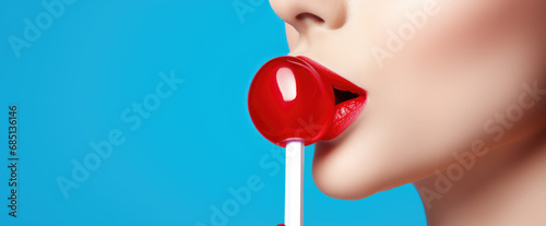 Close-up of brightly colored female lips eating and licking a candy lollipop on a stick isolated on flat blue background with copy space. photo