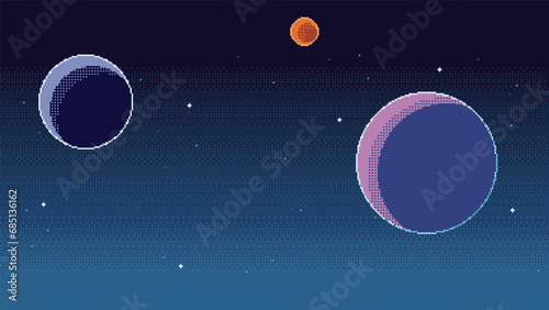 Pixel art space background. Planets and stars in retro 8 bit video game style. Space, cosmos or fantasy universe vector illustration.
