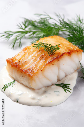 Vertical Closeup of cooked white fish filet with white creamy cheese sauce drizzled on top, commercial photo for restaurant menu.
