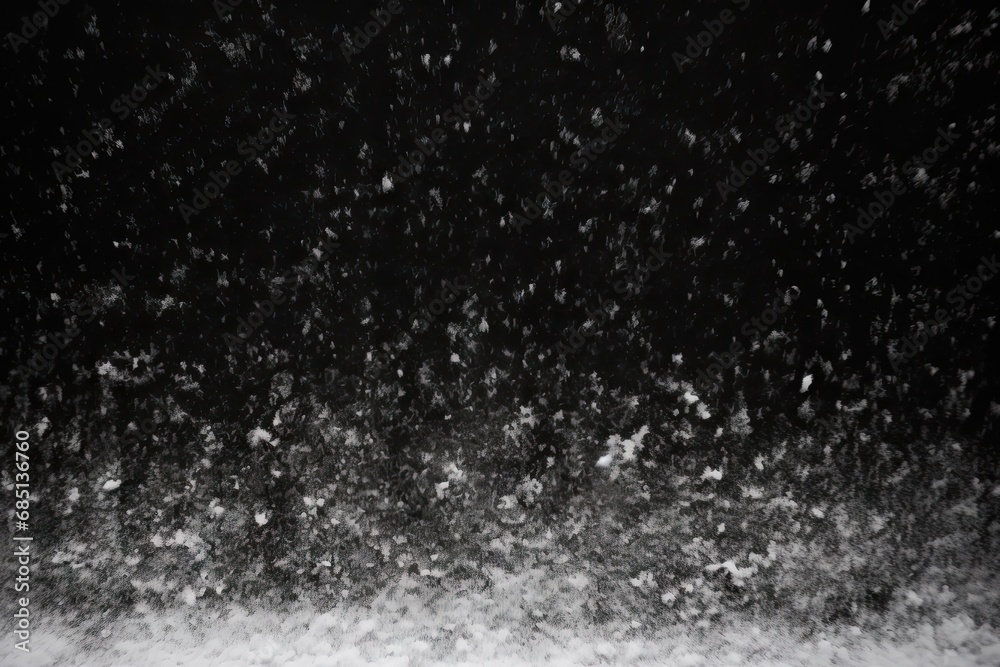 Snowy night elegance. Black winter background with delicate texture featuring falling snowflakes bokeh lights and subtle blizzard effect perfect for creating cozy holiday atmosphere or winter magic - obrazy, fototapety, plakaty 
