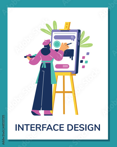 Interface designer creating layouts for mobile app, flat vector isolated.