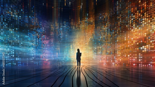 Digital binary data, a person in a furistic digital cyber-space, colors, artificial intelligence coding science technology, wallpaper