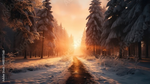 Sunrise in winter forest. The sun shine through the forest trees