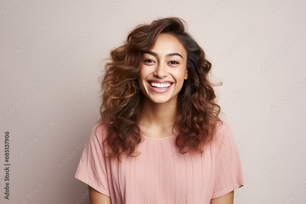 Close-Up Portrait of a Happy Fictional Woman with Brown Hair Smiling. Isolated on a Plain Background. Generative AI. Close-Up Portrait of a Happy Fictional Woman with Brown Hair Smiling. Isolated on a Plain Background. Generative AI.