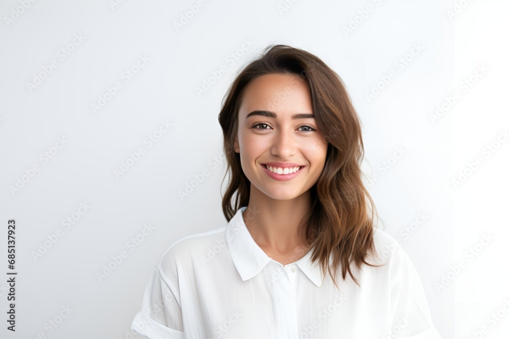 Close-Up Portrait of a Happy Fictional Woman with Brown Hair Smiling. Isolated on a Plain Background. Generative AI. Close-Up Portrait of a Happy Fictional Woman with Brown Hair Smiling. Isolated on a Plain Background. Generative AI.