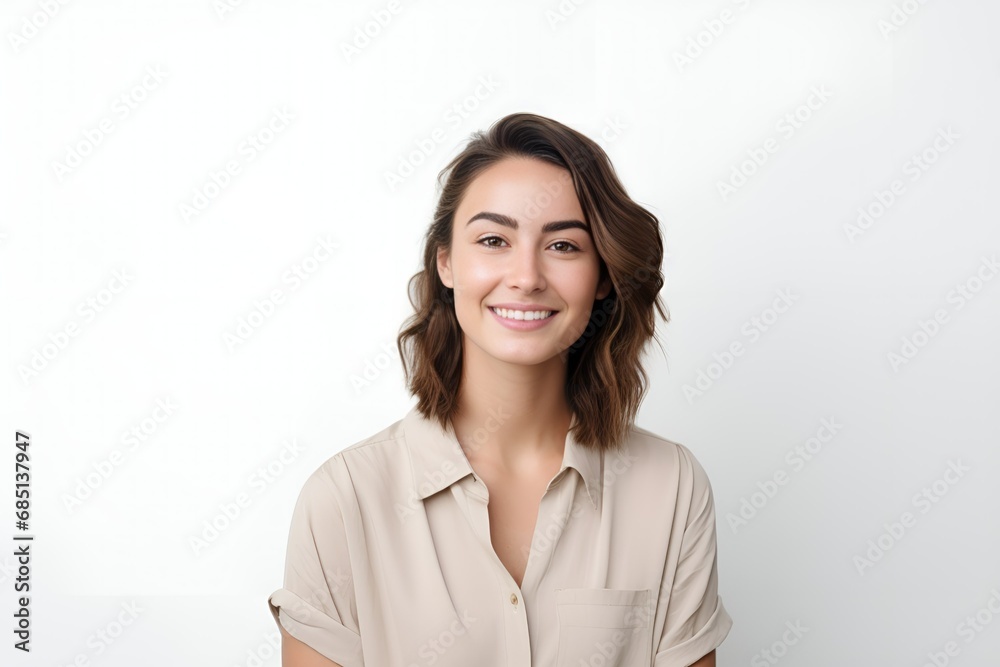 Close-Up Portrait of a Happy Fictional Woman with Brown Hair Smiling. Isolated on a Plain Background. Generative AI. Close-Up Portrait of a Happy Fictional Woman with Brown Hair Smiling. Isolated on a Plain Background. Generative AI.