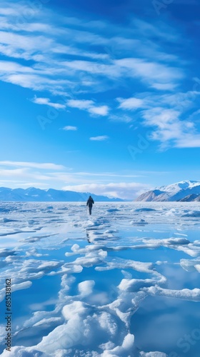 Man walking on the frozen lake. Man tourist walking on ice
