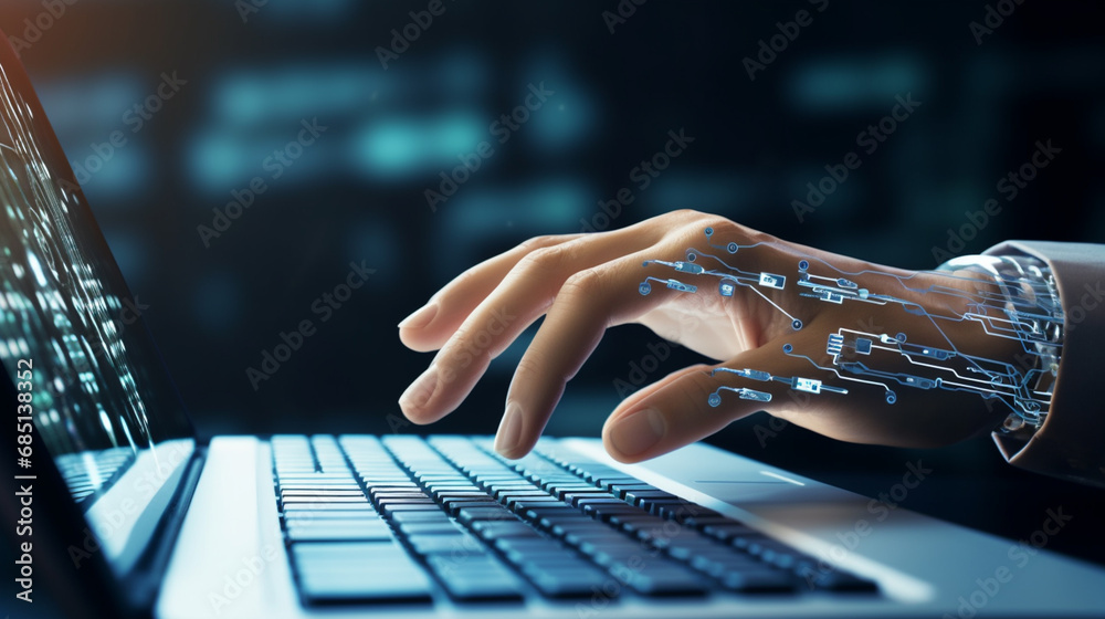 Robot hands and fingers indicate the concept of robotic work behind a laptop.Generative AI - obrazy, fototapety, plakaty 