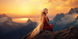 Stunningly beautiful blonde woman with extremely long hair sitting on mountain top at sunset