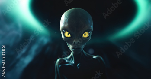 Wide shot portrait of Alien with glowing reptilian eyes