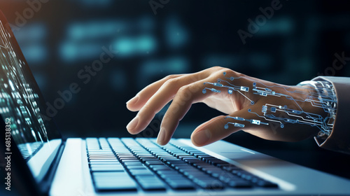 Robot hands and fingers indicate the concept of robotic work behind a laptop.Generative AI