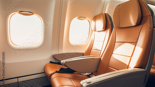 Luxury airplane seets with sun shining trough window photo