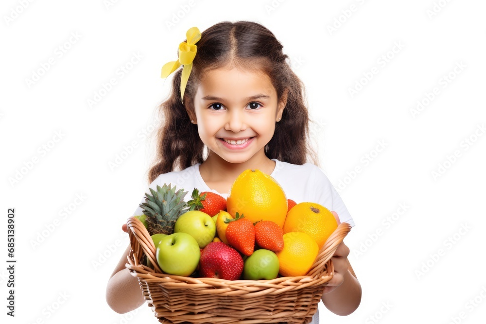 little girl holding a basked of fruits - isolated on white background little girl holding a basked of fruits - isolated on white background