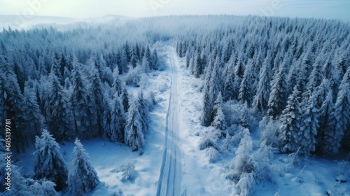  Aerial view of snowy forest with clear road © Tirtonirmolo