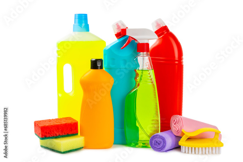 Cleaning products for home cleaning isolated on white background. Cleaning concept. Close-up. Household chemicals.Cleaning and detergents in plastic bottles, sponges and gloves.