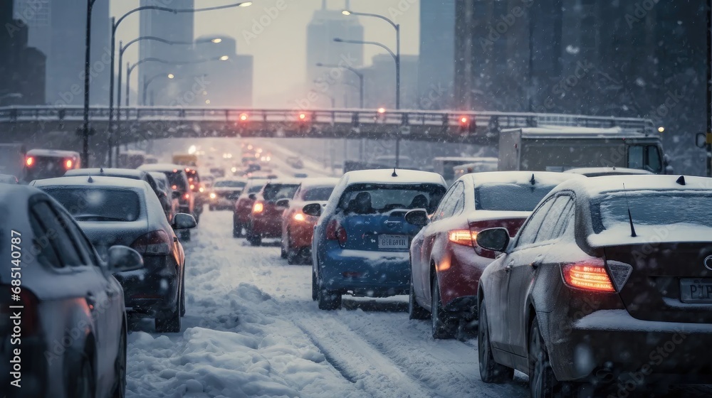 Frozen Standstill: City commute nightmare as cars are trapped in a snowstorm-induced traffic jam on a cold winter day. Icy roads create a picturesque yet challenging scene