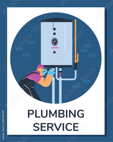 Plumber and water boiler, flat cartoon vector illustration on card