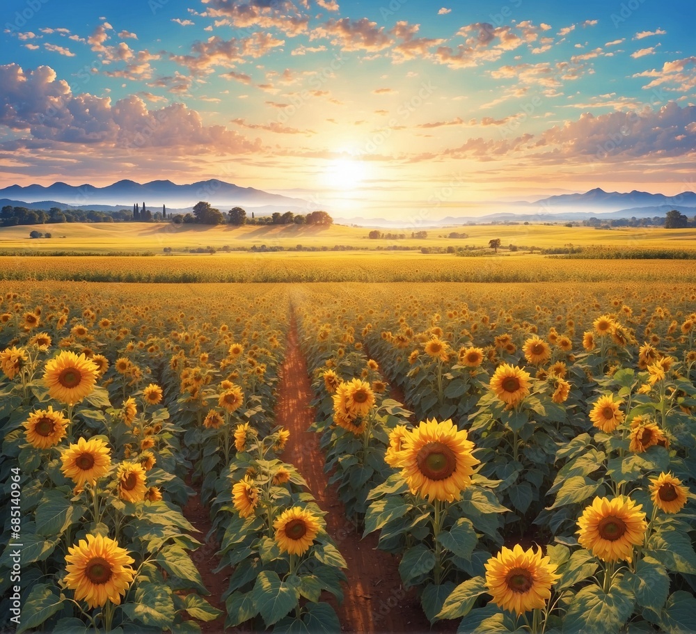 Sunflower field at sunset, Beautiful natural landscape with sunflowers.