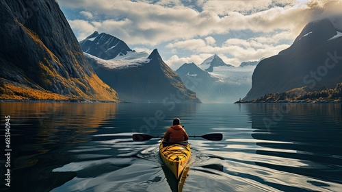 person is paddling a yellow kayak along the edge of a fjord in norway © Salander Studio
