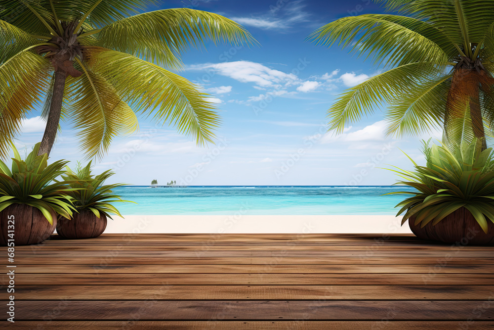 Empty wooden table in front and blue summer sky with clouds and sea with palm trees. 