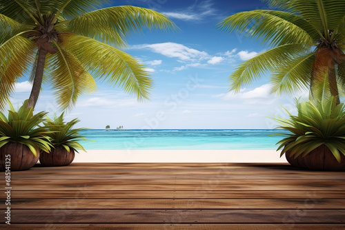 Empty wooden table in front and blue summer sky with clouds and sea with palm trees. 