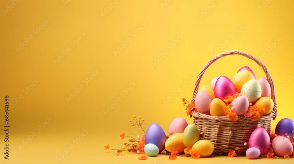 Wicker basket with quail colorful eggs on yellow background, copy space or free place for text,Easter sales banner Wicker basket with quail colorful eggs on yellow background, copy space or free place for text,Easter sales banner