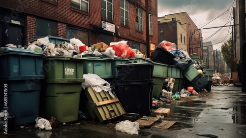 Urban Waste Symphony: Our images capture the reality of city living with overloaded dumpsters and black plastic bags near homes. photo