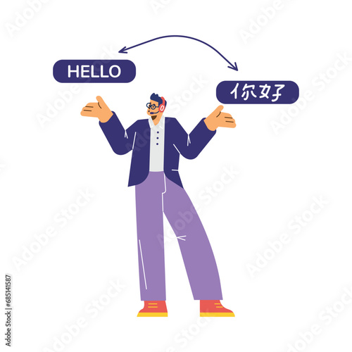 Man translator online help understanding foreign languages, translation and teaching service vector illustration