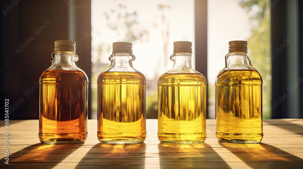 four bottles of palm oil on wooden table four bottles of palm oil on wooden table