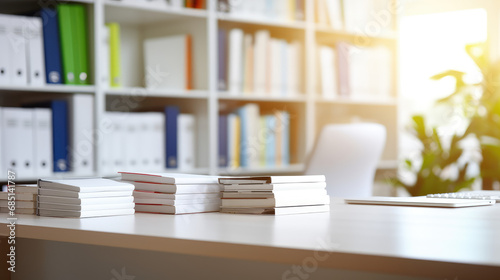 Montage template, empty classic office desk or school desk in classroom or workroom, blurred background. Blank table with copy space, book shelves. © IndigoElf