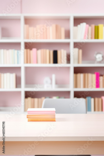 Montage vertical template, empty classic office desk or school desk in classroom or workroom, blurred background. Blank table with copy space, book shelves.