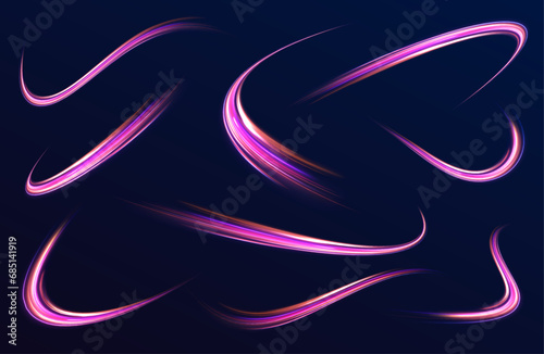 Light arc in neon colors, in the form of a turn and a zigzag. Big set of light neon lines in the form of swirl and spirals. Abstract background in blue, yellow and orange neon colors.