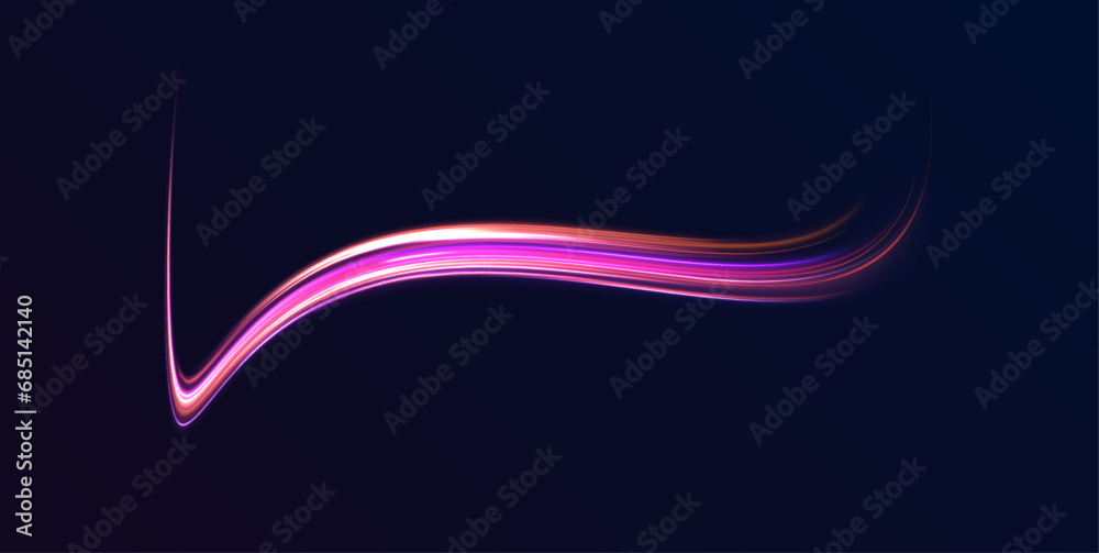 Neon line as speed or arc, turn, twist, bend in light effect. Light arc in neon colors, in the form of a turn and a zigzag. Abstract background in blue, yellow and orange neon colors. - obrazy, fototapety, plakaty 