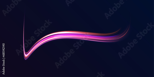 Neon line as speed or arc, turn, twist, bend in light effect. Light arc in neon colors, in the form of a turn and a zigzag. Abstract background in blue, yellow and orange neon colors. photo