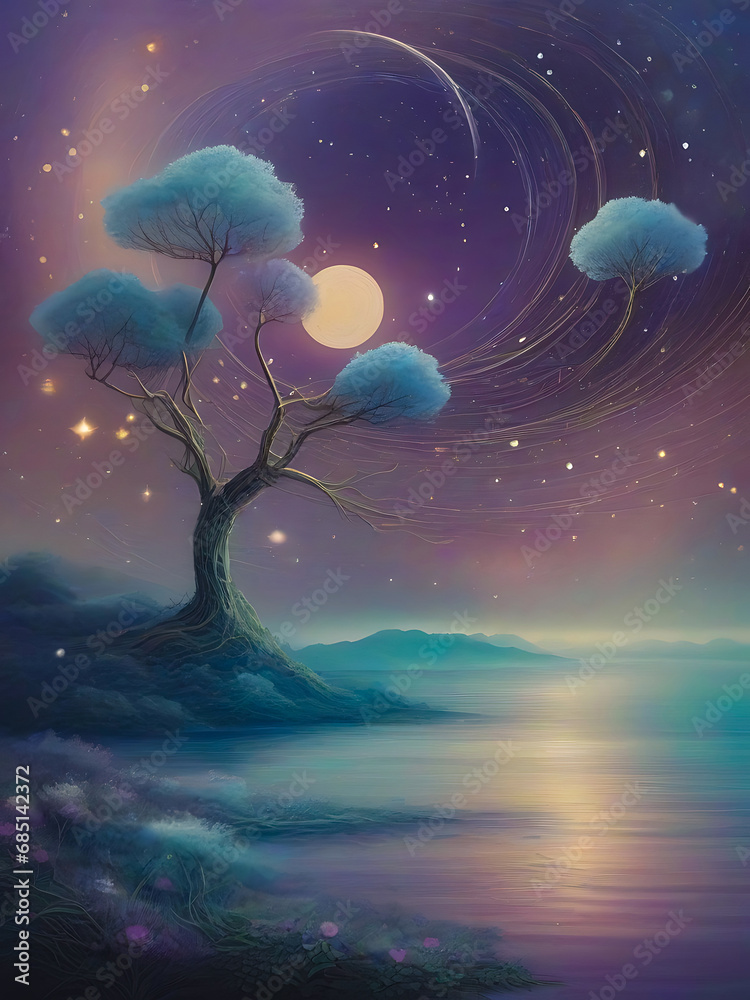 A tree hanging over the sea shimmers in the evening light Ai generator image. A tree hanging over the sea shimmers in the evening light Ai generator image.