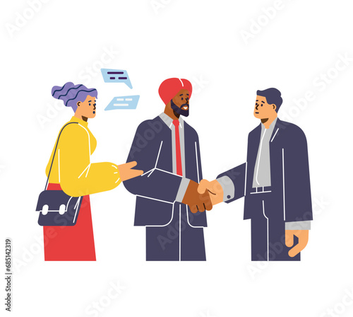 Young woman translator working with men shaking hands flat style