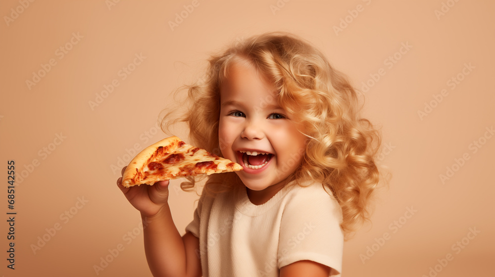 Naklejka premium A girl eats pizza.