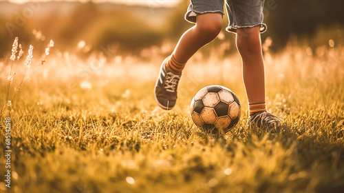 A little boy kicks a ball in the yard on green grass. Legs and ball close-up. Sun rays. Copy space © Рика Тс