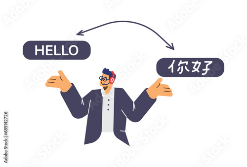 Young man translator with headset flat style, vector illustration