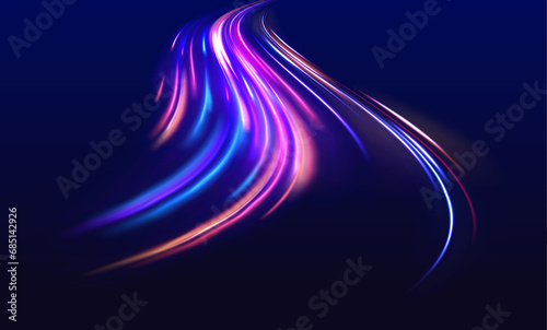 Long exposure of motorways as speed. Neon spiral lines in yellow blue and purple colors. Image of speed motion on the road.
