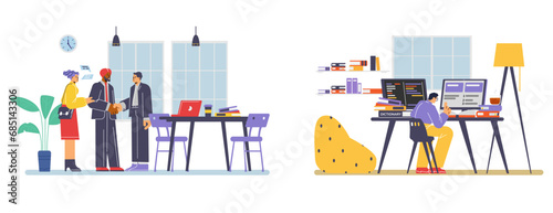 Multilanguage translation service vector set, translator interpreting conversation, man linguist translates by computer