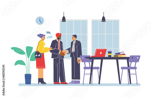 A woman translator translates a conversation between two men of different nationalities, vector multilingual service