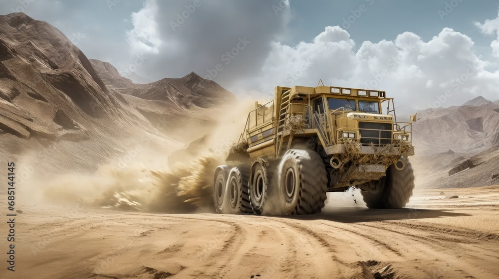Unleash the Power: Witness the indomitable force of quarry machinery as colossal truck tires leave their mark on the open sand pit.