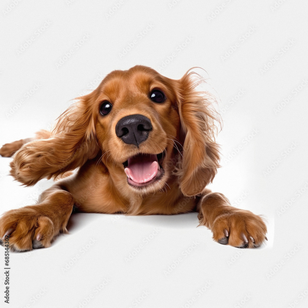Cocker Spaniel dog lying on a white background with copy space