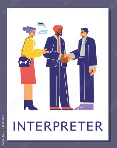 Poster or vertical banner about interpreter profession flat style