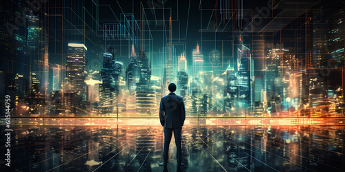 Successful businessman standing in futuristic cityscape office,Corporate Success in the Future: Businessman in Cityscape