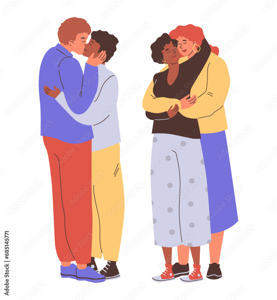 Same-sex couples loving couples kissing, flat vector illustration isolated.